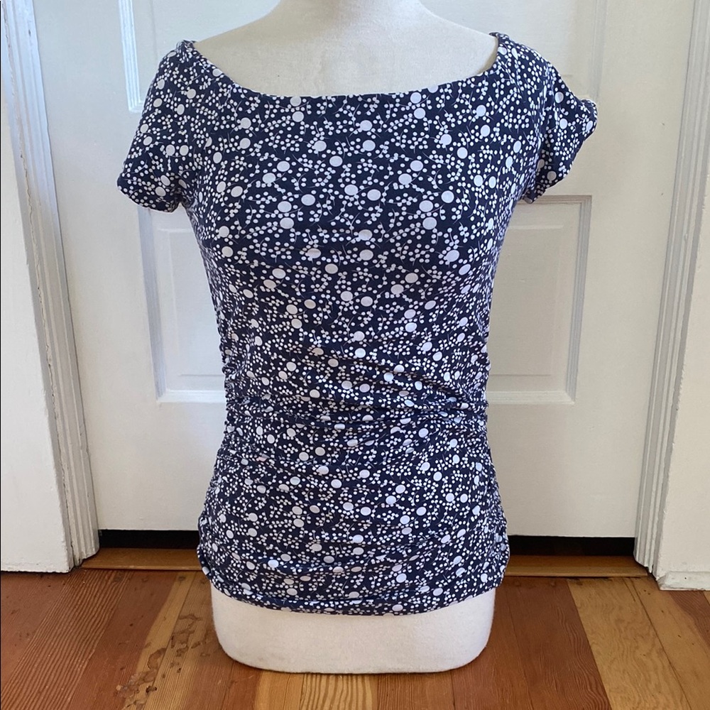 Boden Short Sleeve Navy Blue White Stretch Knit Ruched Sides Women's Top 8